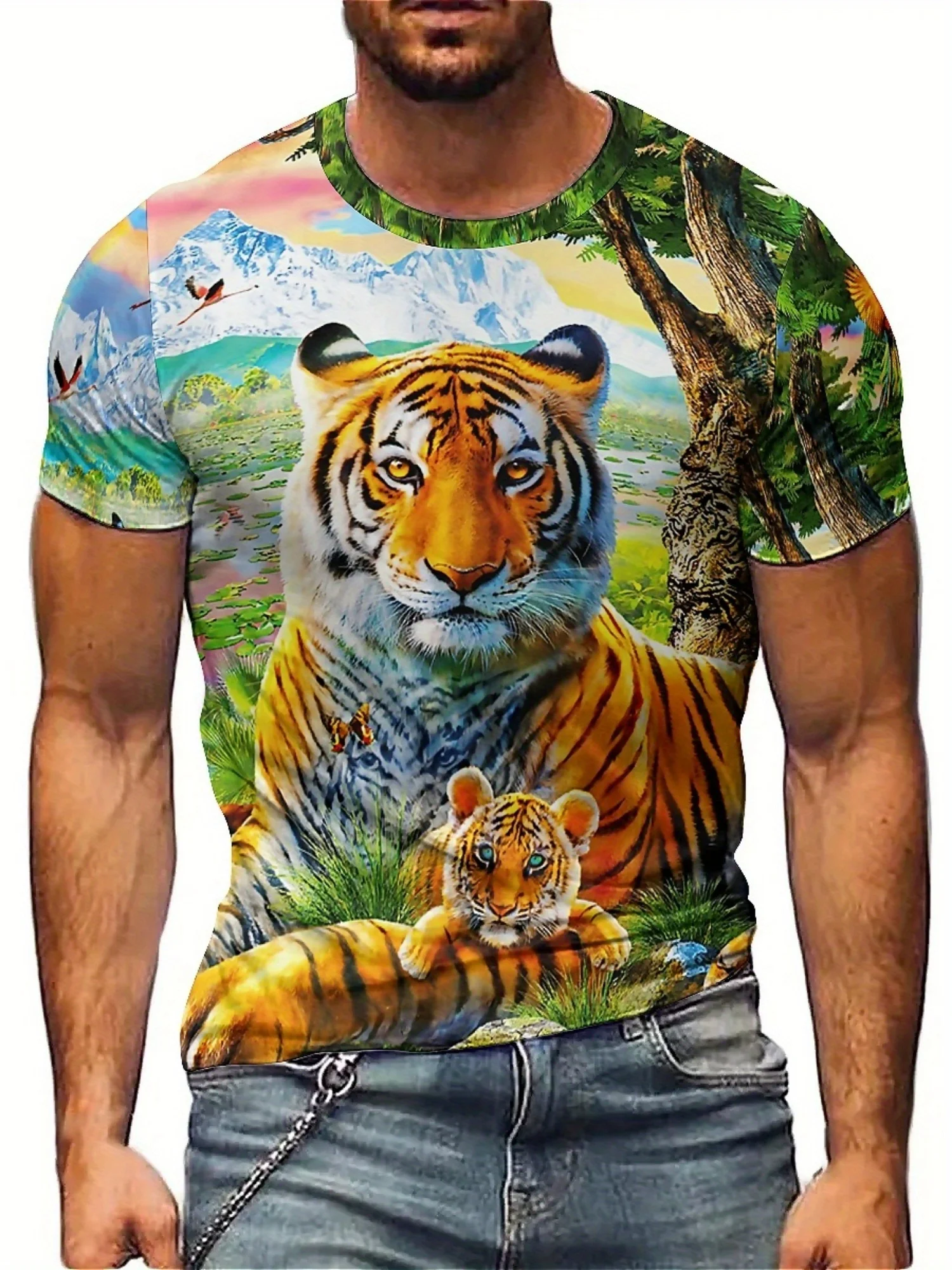 

2025 Summer Latest Men'S Tiger Pattern 3D Print Short Sleeve T-Shirt Polyester Fiber Soft and Comfortable Fabric Men and Women