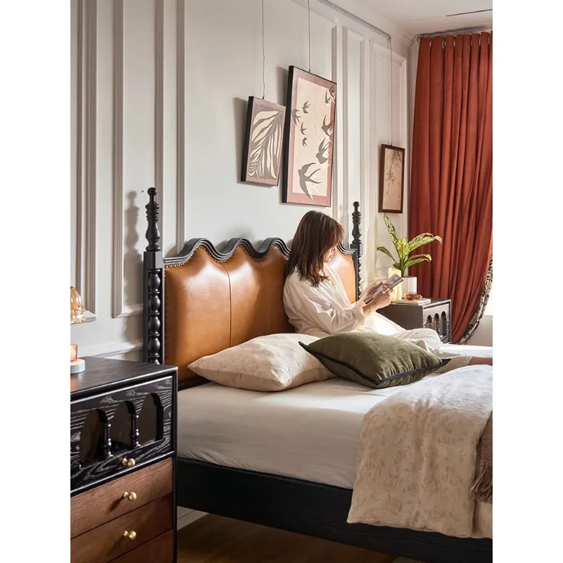 French retro bed double solid wood  soft bag leather  master bedroom ripple
