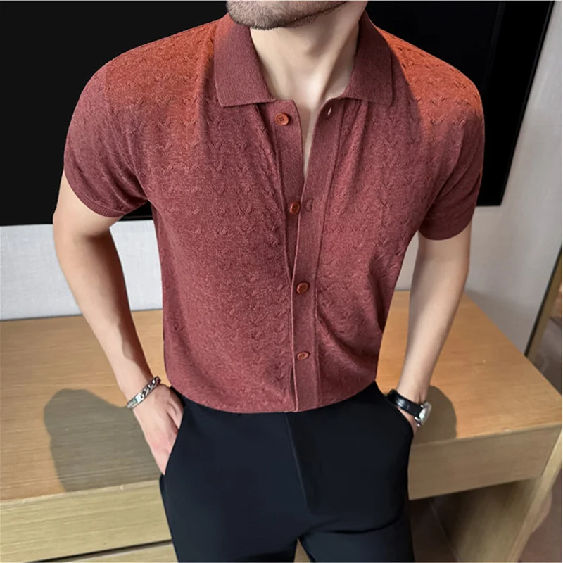 

Летний мужской однотонный вязаный кардиган в корейском стиле, дышащий, жаккардовый, с ажурным воротником, с коротким рукавом, свитер-футболка