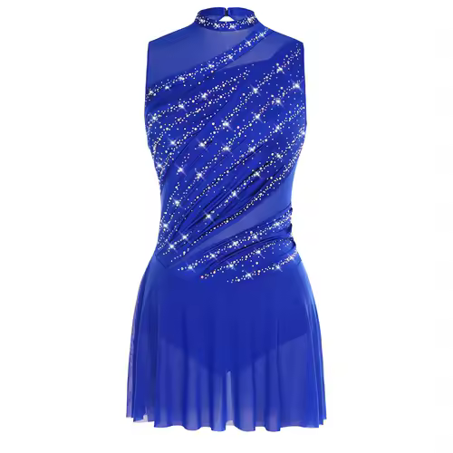 Women Ruched Ballet Lyrical Dancing Dress Round Collar Sleeveless Rhinestone Backless Dress for Stage Performance Competition - Image 18