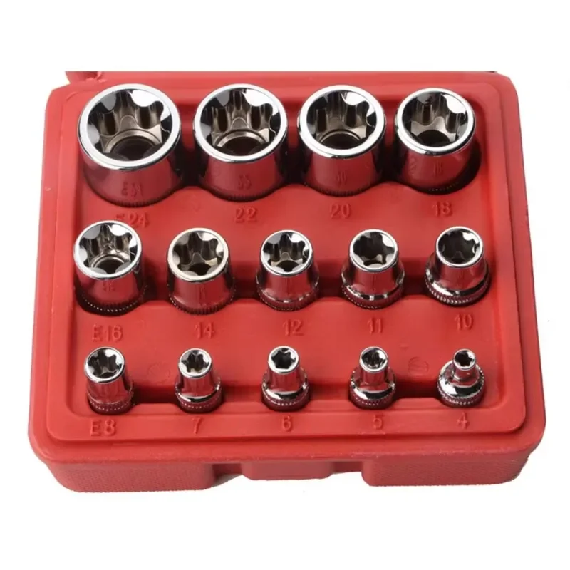 

Набор из 14 гнездовых головок E-Torx Star с футляром 1/4, 3/8, 1/2 дюйма. Набор наружных звездообразных головок Drive E4-E24, набор динамометрических головок