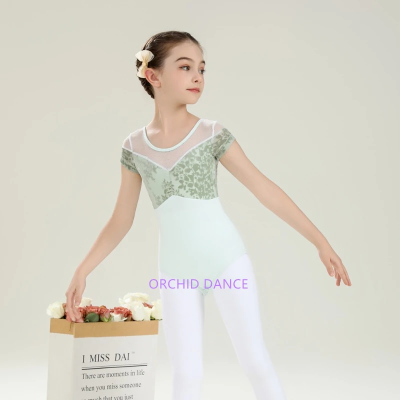 New Coming Fashion Cute Design Kids Girls Children Cotton Spandex Dance Wear Mesh Velvet Short Sleeve Ballet Leotard