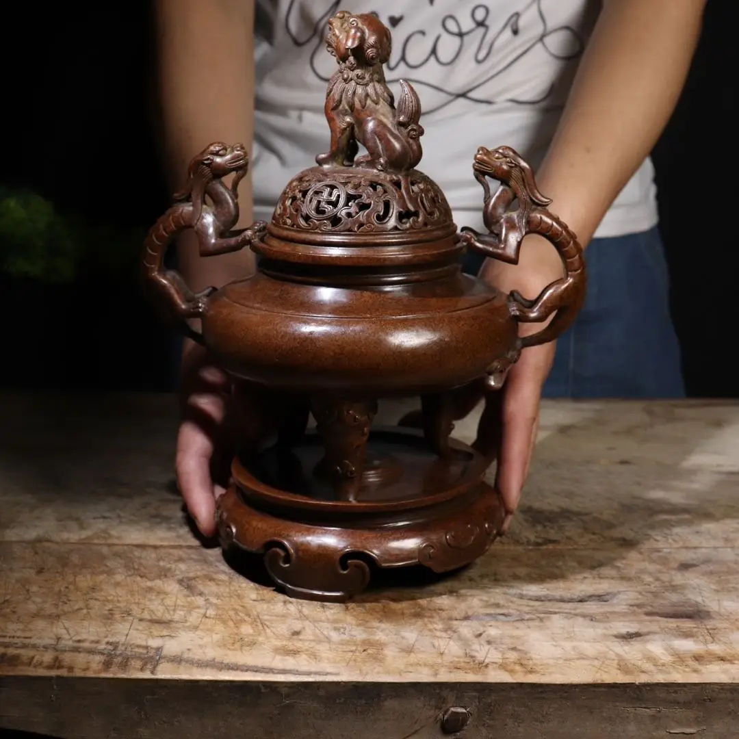 Antique Tripod Censer Pierced Lid Lion Top Dragon Handles Incense Burner with Base Meditation Altar Decoration