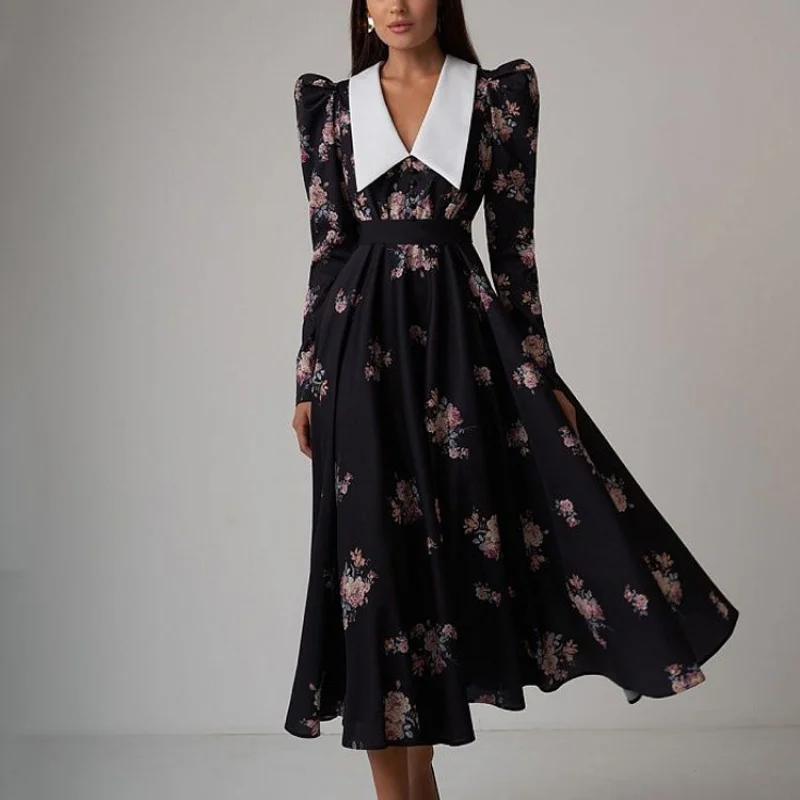 

Women's Early Spring New Vintage Print Flared Dress Elegant Waist-Cinching Slim Long Dress