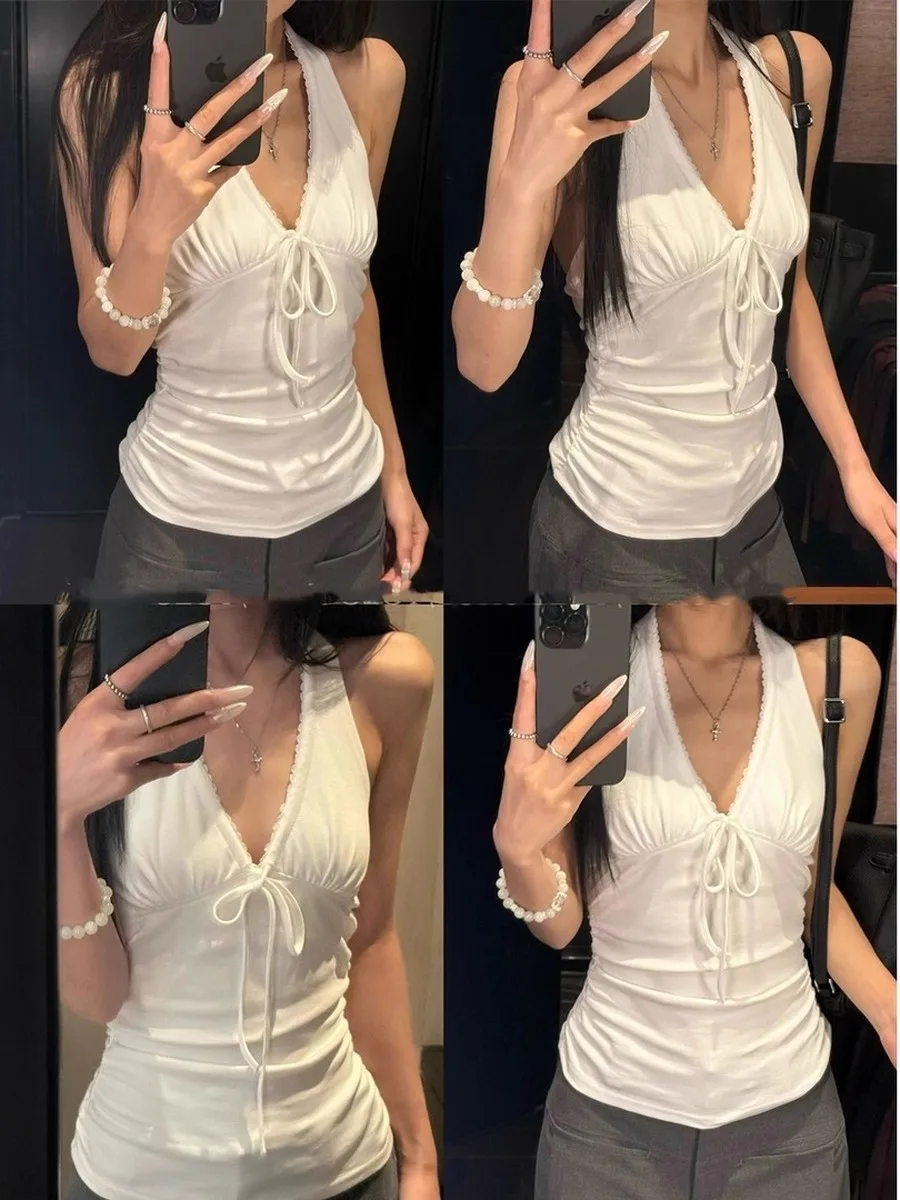 2025 Summer Pure Desire V-ne Strap Design ter Top Slim Fit Pleated Design Sense T-irt Women's Faion Svel Vest