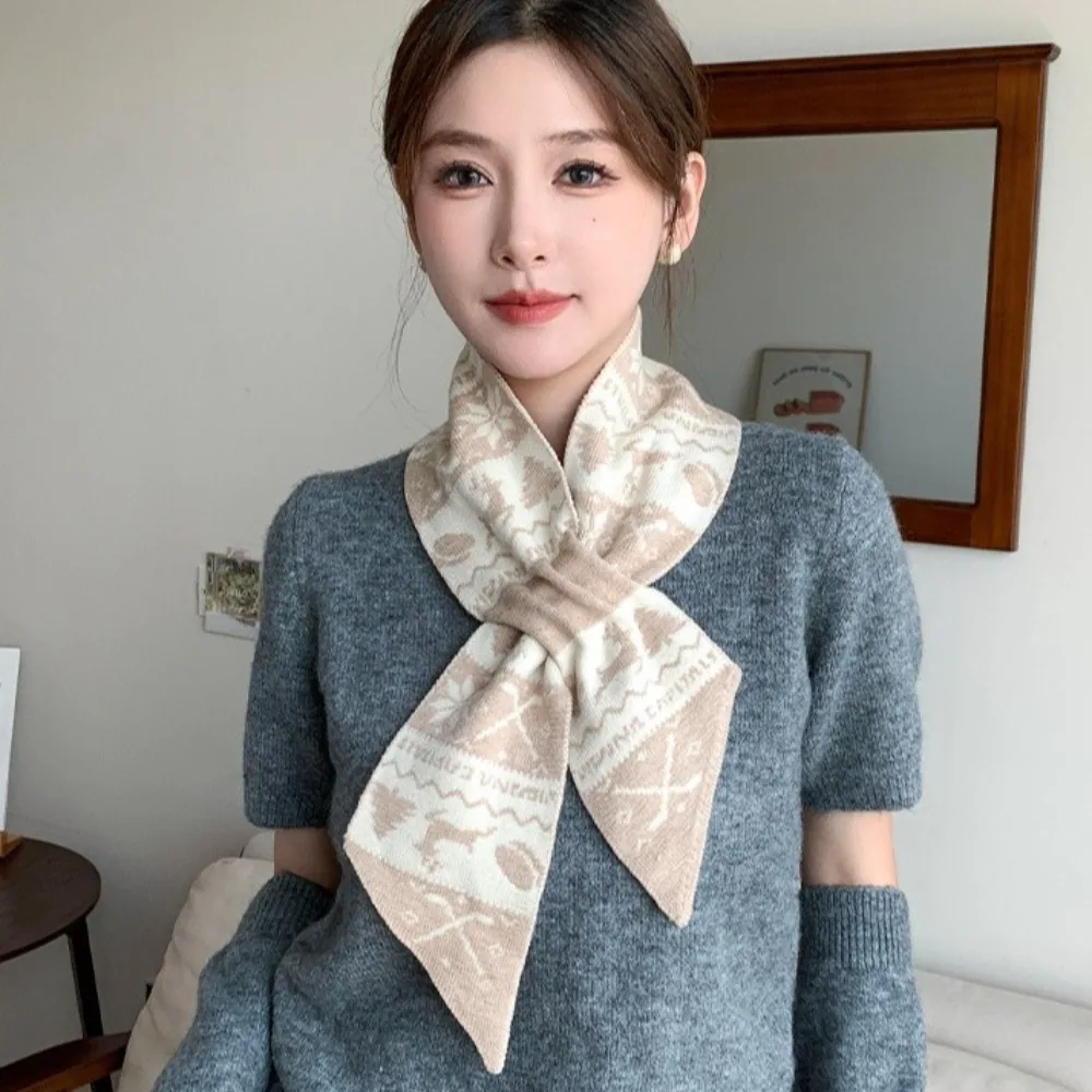 Cute Deer Winter Knitted Scarves Jacquard Bow Tie Women Scarf Crochet Windproof Woolen Neckerchiefs New Year Gift