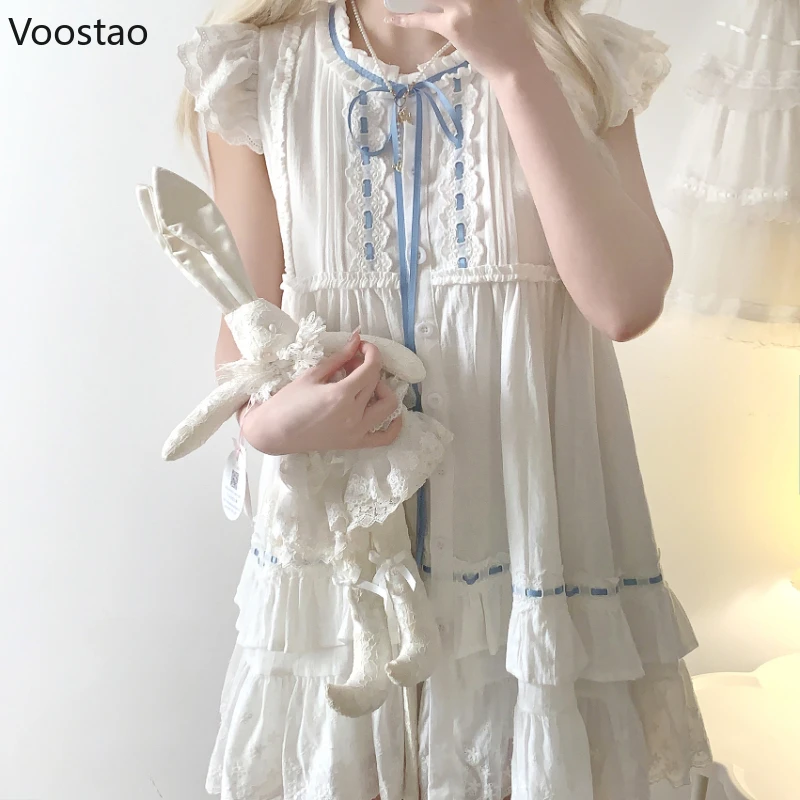 Sweet Lolita Style Mini Dress Women Japanese Kawaii Cotton Lace Ruffle Flying Sleeve White Dress Korean Elegant Princess Dresses