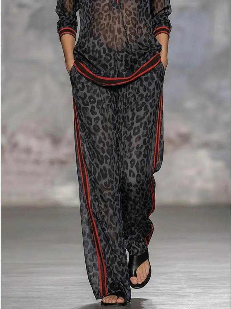 Women Leopard Print Side Stripe Sheer Chiffon Pants 2026 Summer High Waist Loose Wide Leg Floor Length Casual Palazzo Trousers