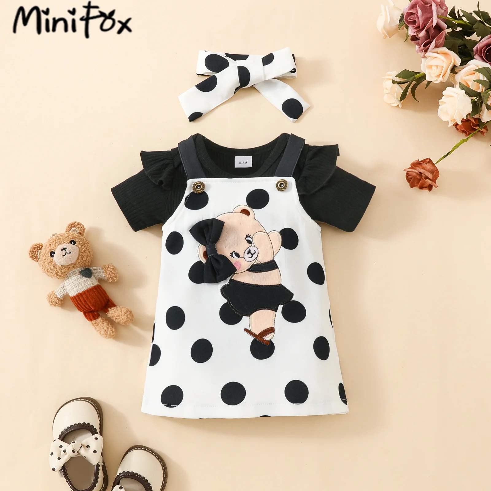 Prowow Baby Dresses Girls Summer 3pcs Outfit Sets Black Romper and Dots Bear Dress For Newborns Infants Baby Girls Clothing