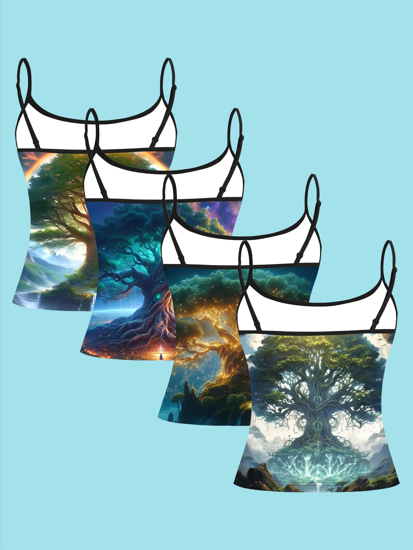 4-Piece Set of Forest-Themed Luminous Giant Tree Suspenders Set, Rainbow Starry Sky Ancient Tree Landscape Women's Slim-Fit Base Tank Top