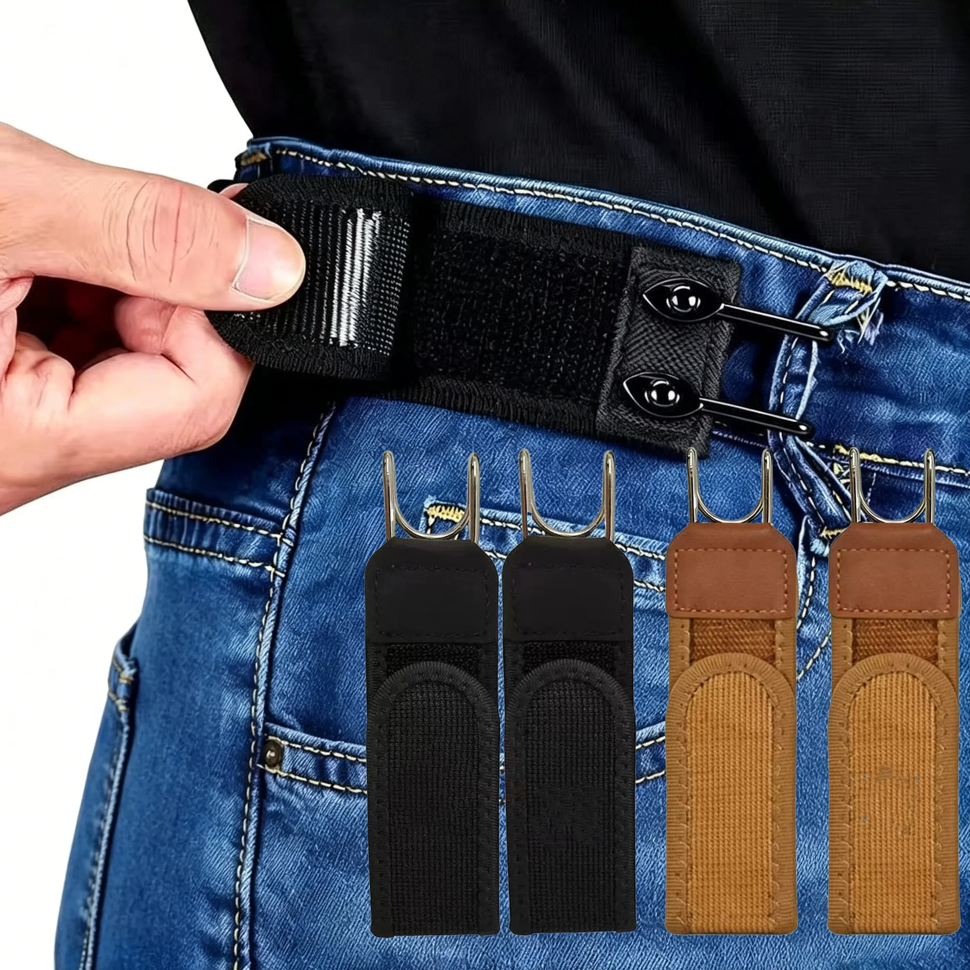 Fivela de cintura elástica ajustável, com gancho de metal com fita mágica, fechamento invisível para cintura, para caça, pesca, camping, 4/1 peças