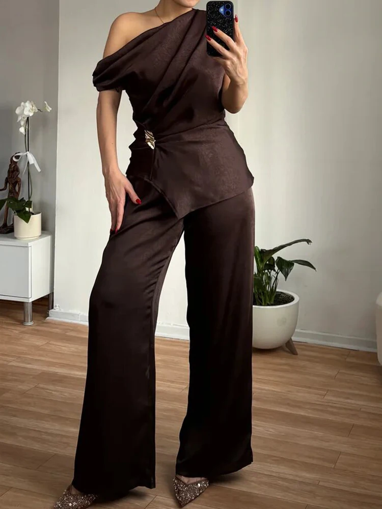 Women's Skew Collar Pullover Top And Wide Leg Pants Set Summer Holiday Fashion Solid Outfit Streetwear Simple Two Piece Set 2026