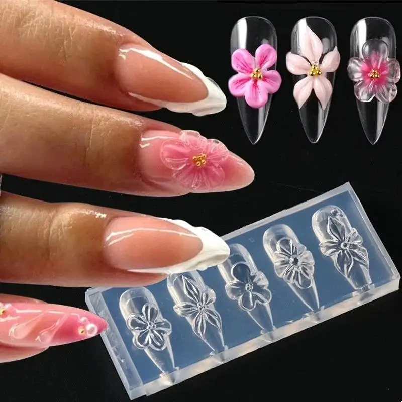 New 3D Spring Flower Nail Silicone Nail Carving Mold Lily Hibiscus Resin Design Nail Art Print Stencils DIY Manicure Mold Tools