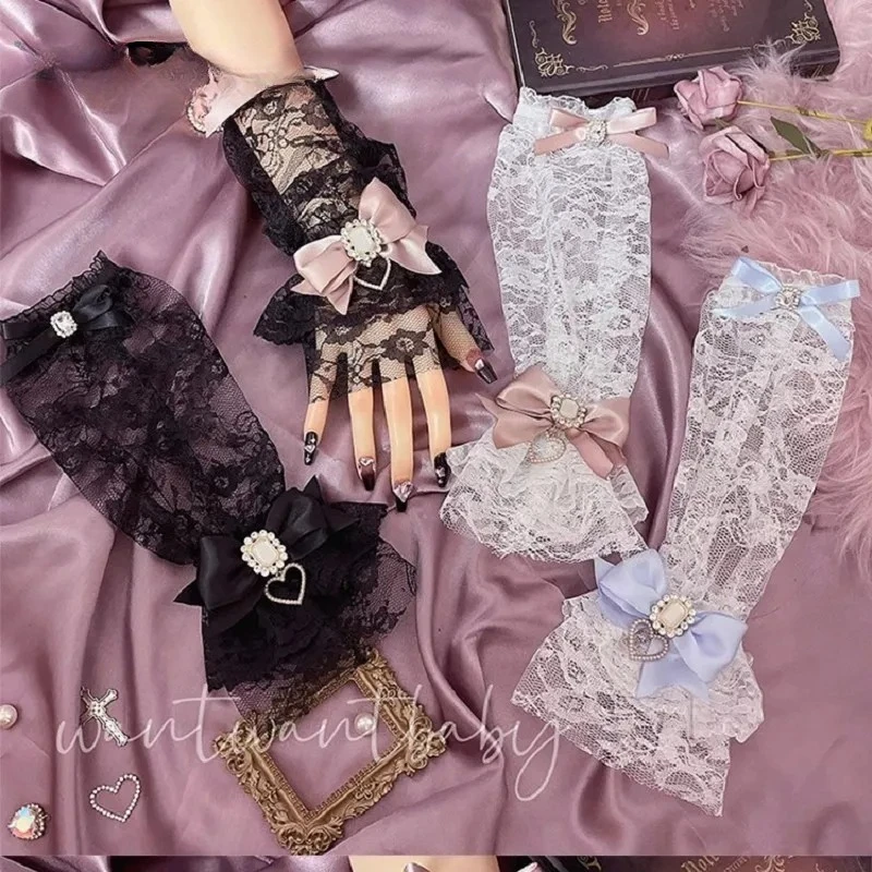 

Gothic Arms Cover Harajuku Arm Warmers Fingerless Y2K Girl Gloves Lolita Mine Bow Water Diamonds Love Lace Sleeves Sunscreen