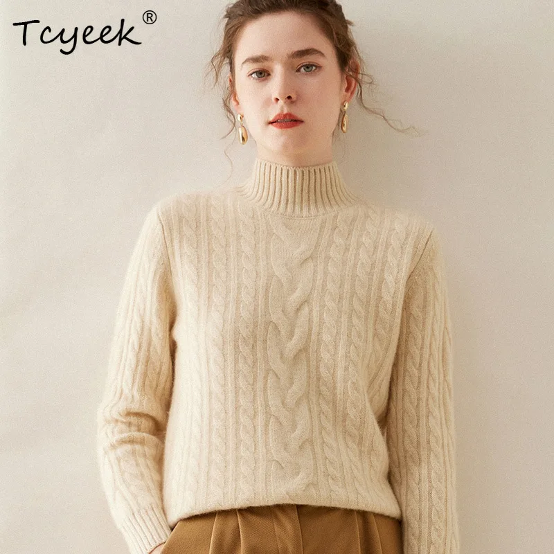 

Tcyeek，100% Cashmere Sweater,women's Half High Collar Large Fried Dough Twists Loose And Thin,Autumn/ Winter New Top T48003KE