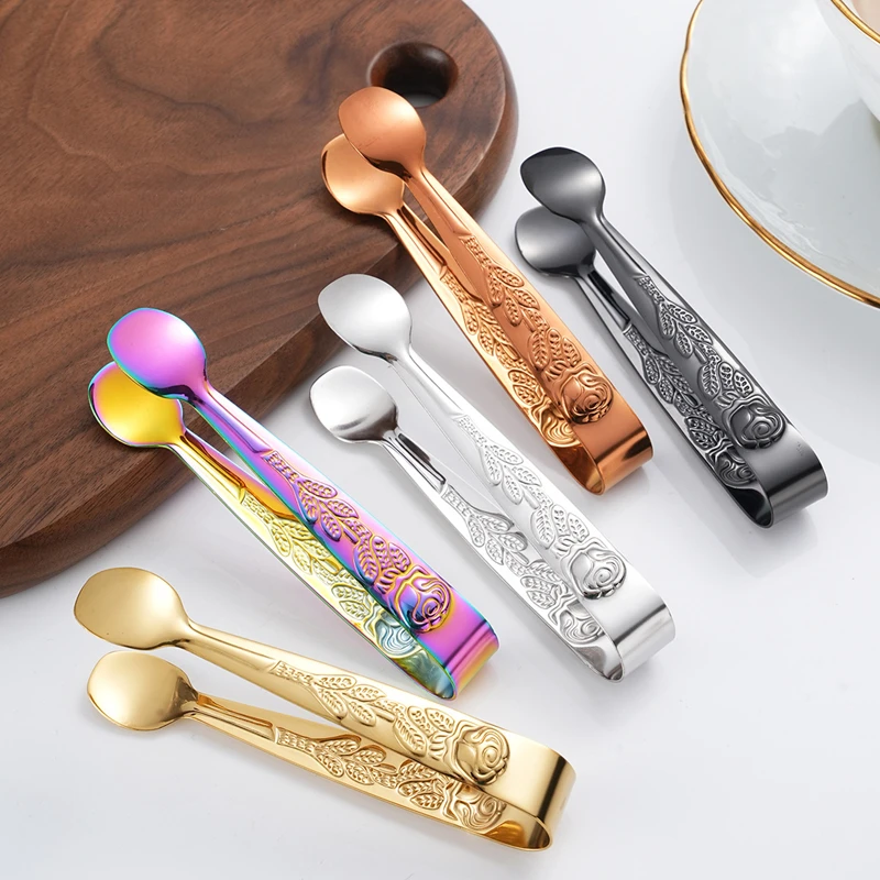 

Multicolor Stainless Steel Mini Ice Cube Tong Rose Pattern Handle Sugar Clamp Bread Food Clip Bar Party Kitchen Accessories