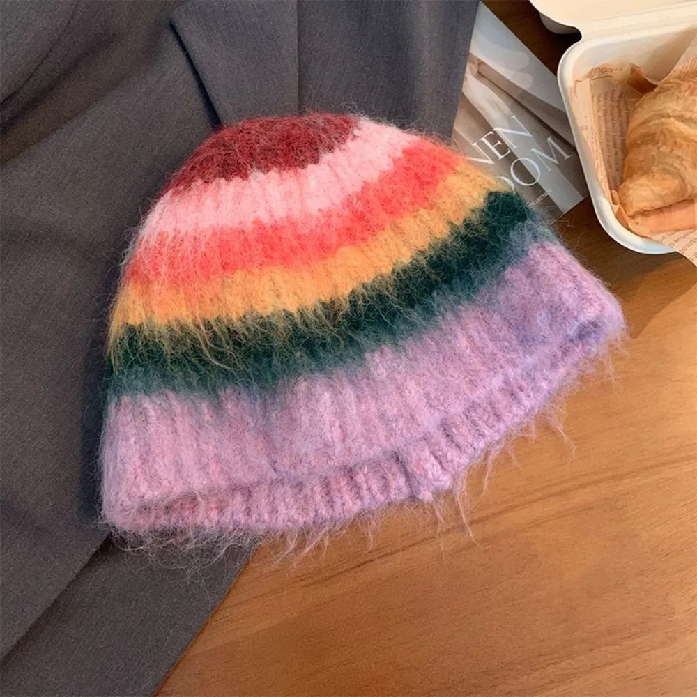 

Fashion Korean Y2k Striped Hat Warm Autumn Winter Colored Woolen Hat Casual Handmade Women Beanie Hat Female
