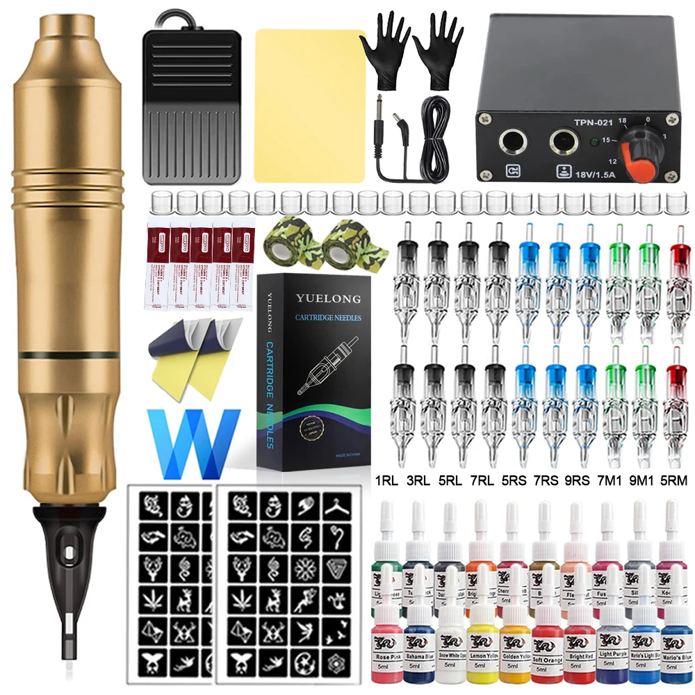 

Cartridge Tattoo Pen Machine Kit with Tattoo Power Supply Pedal Cartridges Needle for Complete Tattoo Beginner Machine Set