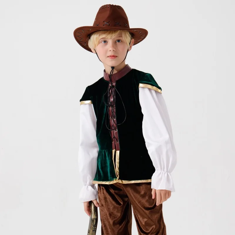 Medieval Stage Costume Pirate Hunter Cosplay Costume Children Halloween Holiday Party Long Sleeve Suit Stage Costume Party