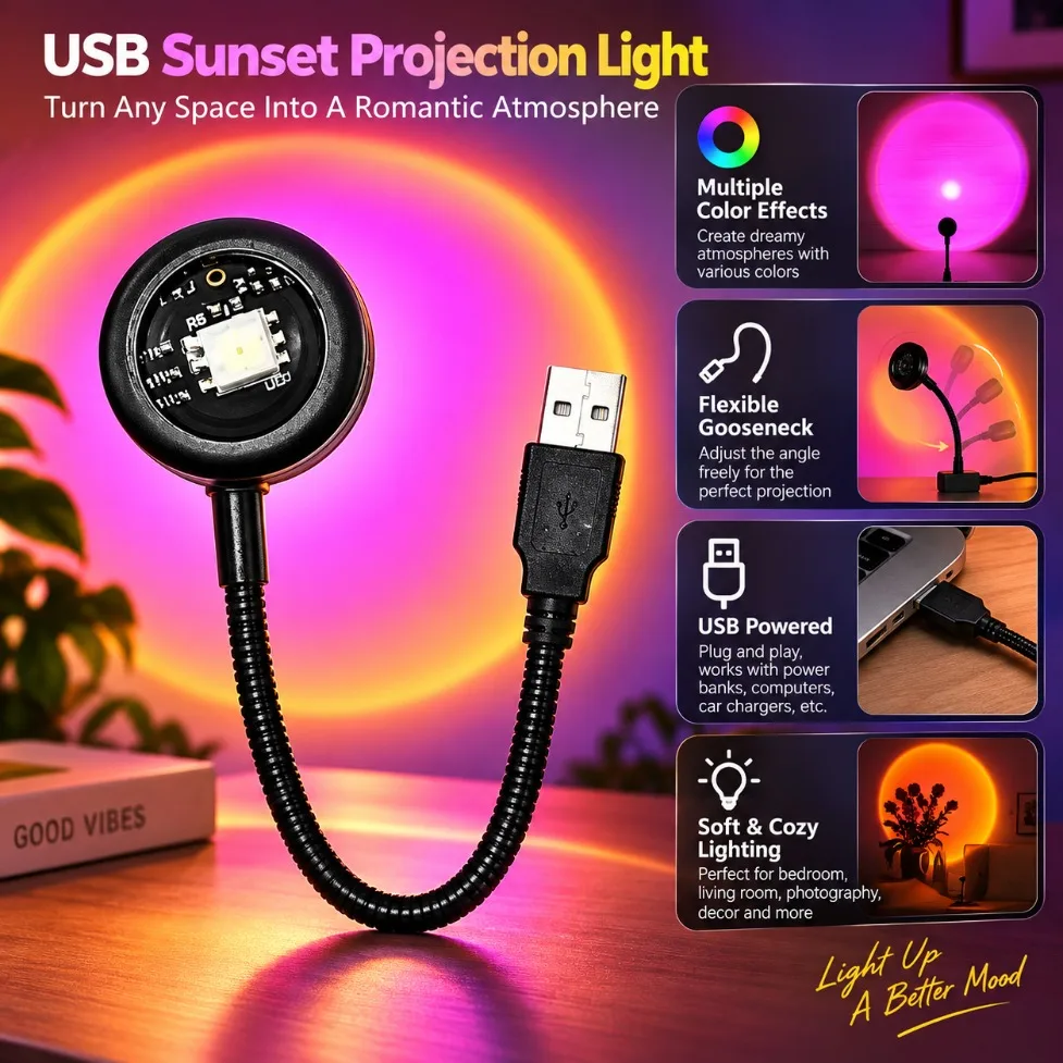 Sunset Lamp USB LED Rainbow Neon Night Light Atmospheric Lighting for Bedroom Wall Living Room Party Photo Background Vlog Decor