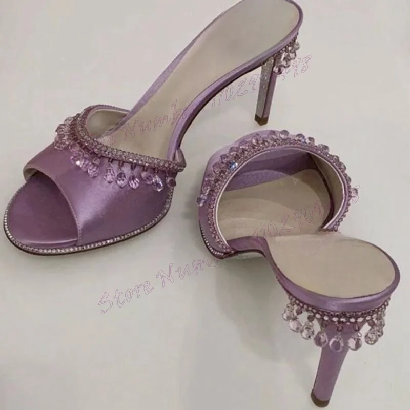 Purple Satin Crystal Decor Slippers Round Toe Shoes for Women Stiletto High Heels Sexy Lady Party Shoes 2024 Zapatos Para Mujere