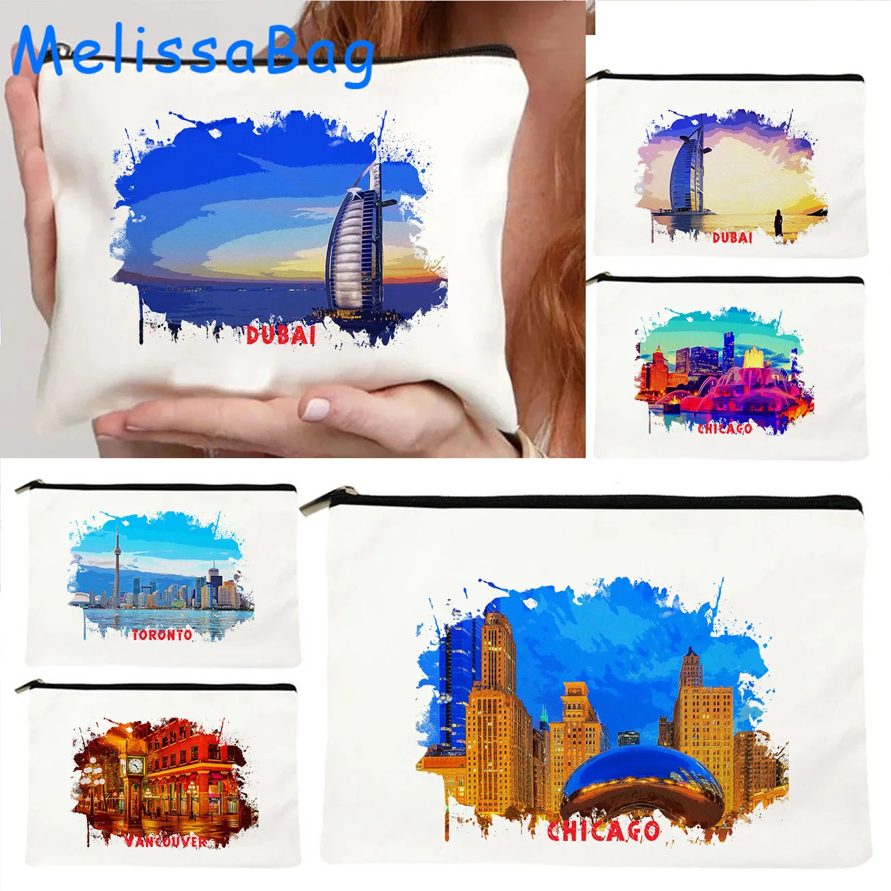 Chicago Toronto Canada Vancouver Dubai United Arab Emirates Watercolor Ink Painting Canvas Cosmetic Makeup Bag Pencil Case Pouch