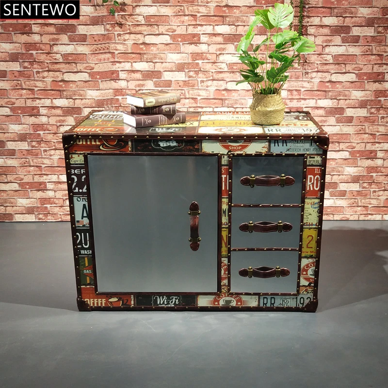 SENTEWO Loft Industrial Style Locker French Style Antique Reproduction American Bucket Cabinet Living Room Sofa Retro Side Table