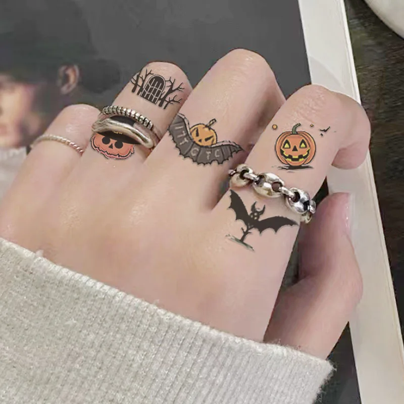 6Pcs/set Halloween Temporary Tattoo Sticker Realistic Pumpkin Bat Candy Skull Waterproof Tattoo Sticker Body Face Art DIY Makeup