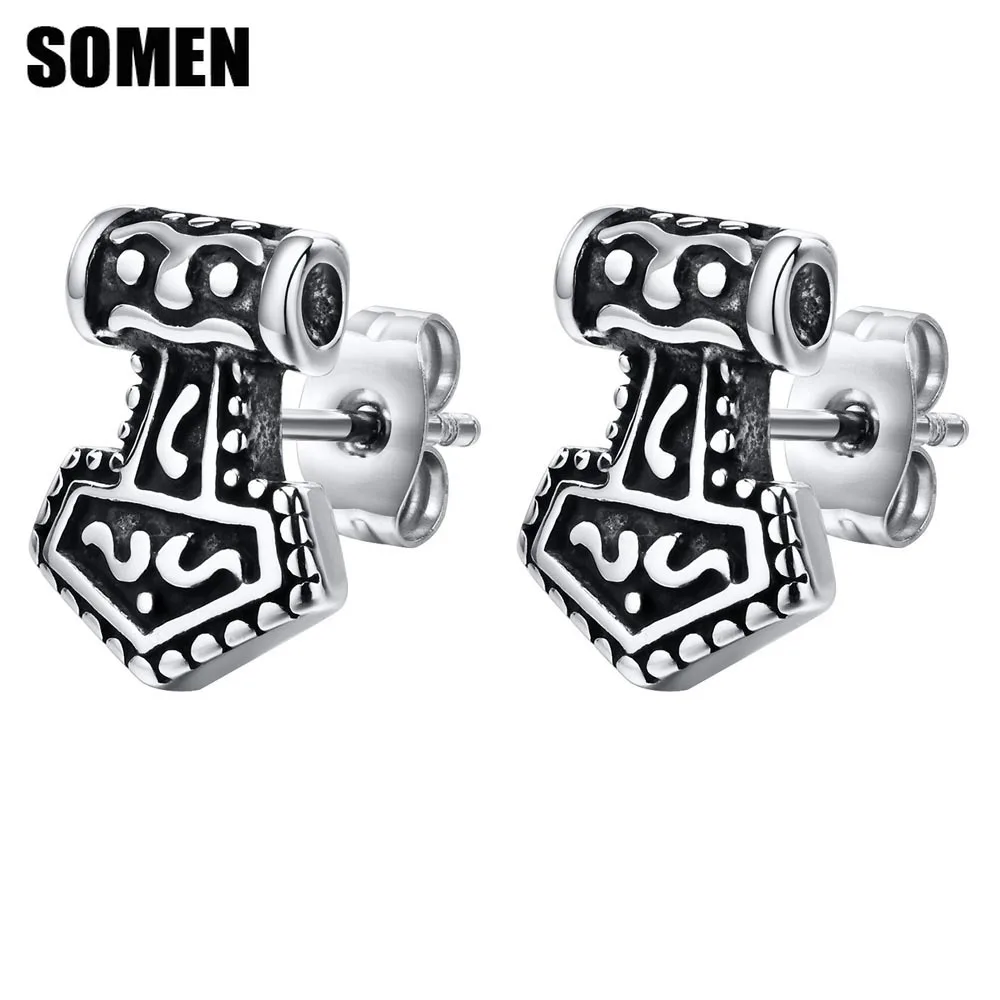Somen Vintage Stainless Steel Nordic Thor Hammer Stud Earrings For Men Totem Anchor Piercing Earring Party Punk Jewelry Gifts