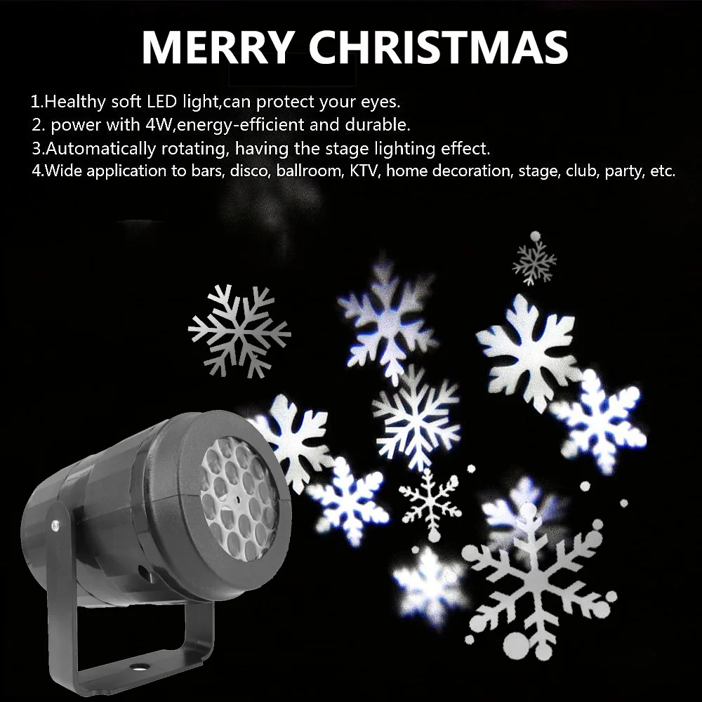 USB Powered LED Christmas Dynamic White Snowflake Projector Outdoor Rotating Stage Projection Light For Bedroom Ceiling Decor