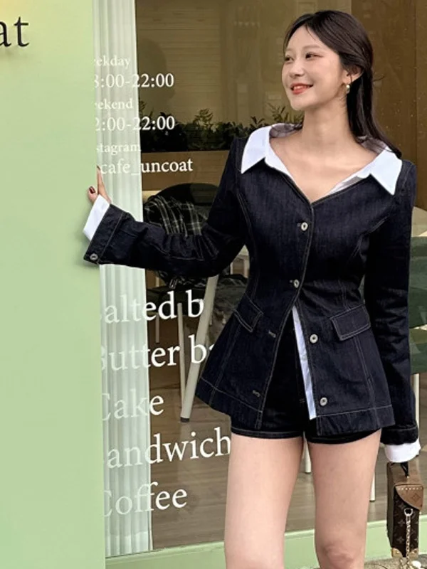 Faionable Retro Button-Up Slim Fit Denim Top And High Waist orts Women's Two-Piece Set Korean Sle Autumn Wear