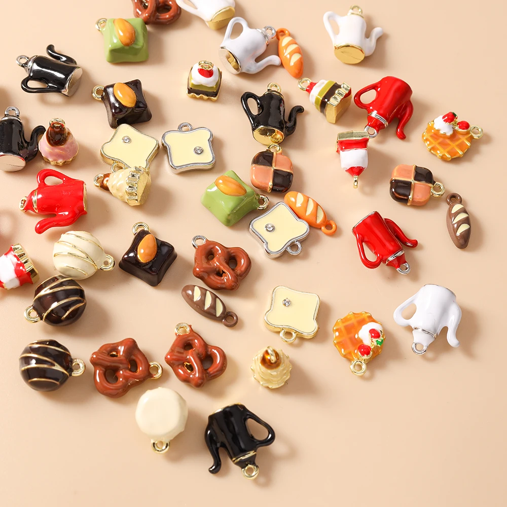 Leslie 5pcs/lot Enamel Cartoon Food Charms Coffee Bread Cake Charms Beads for Earrings Bag Keychain Charms DIY Jewelry Making