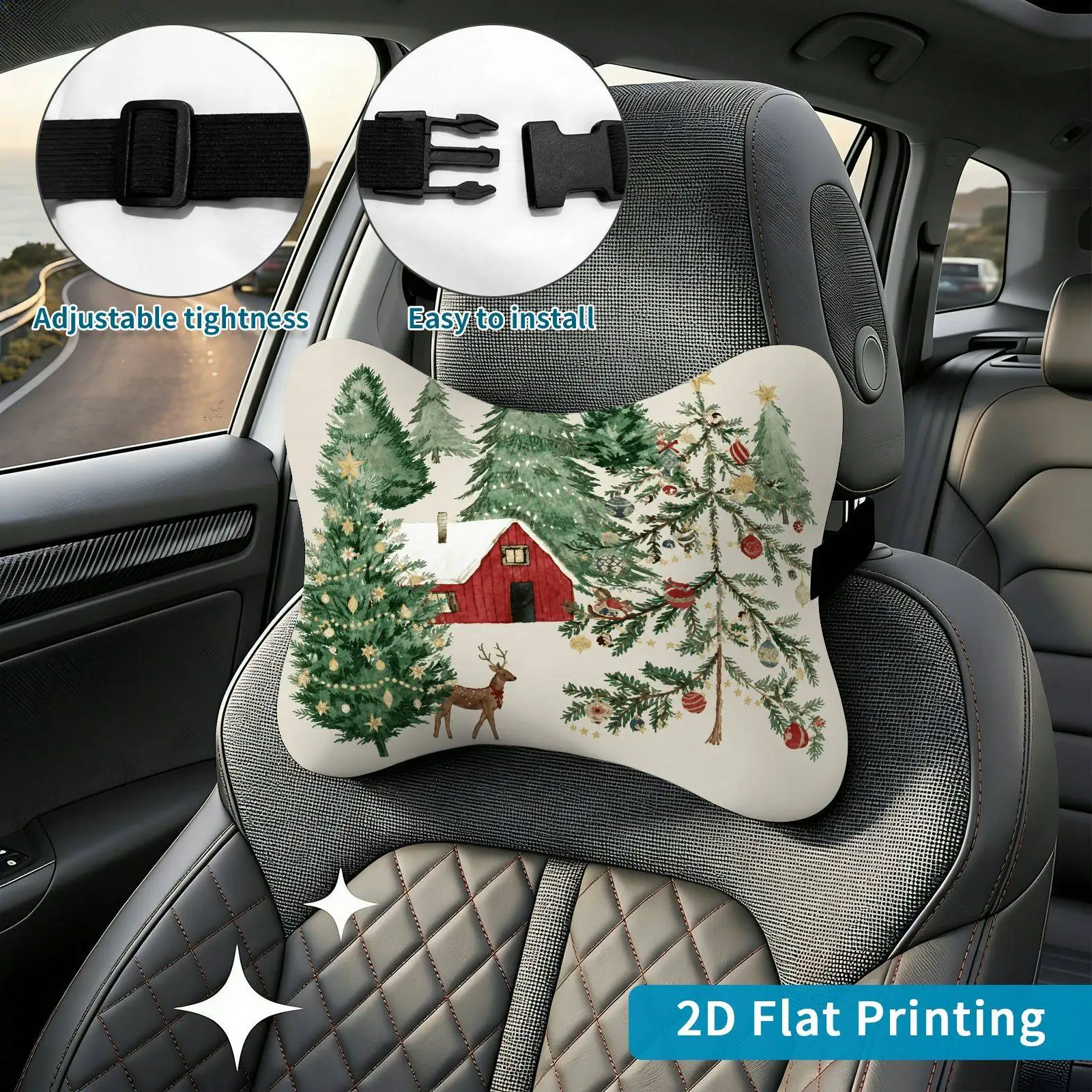 2pcs Christmas Forest Deer Car Seat Headrest, Neck Support Cushion, Suitable For All Seasons Of Car Additions, Festive Theme, Tr