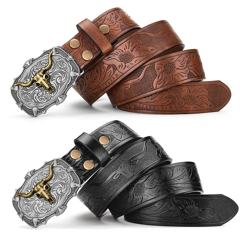 

3.8cm Western Bull Decoration Smooth Buckle Cowboy PU Leather Belt - Male Female Waist Strap Floral Engraved Jeans Belt
