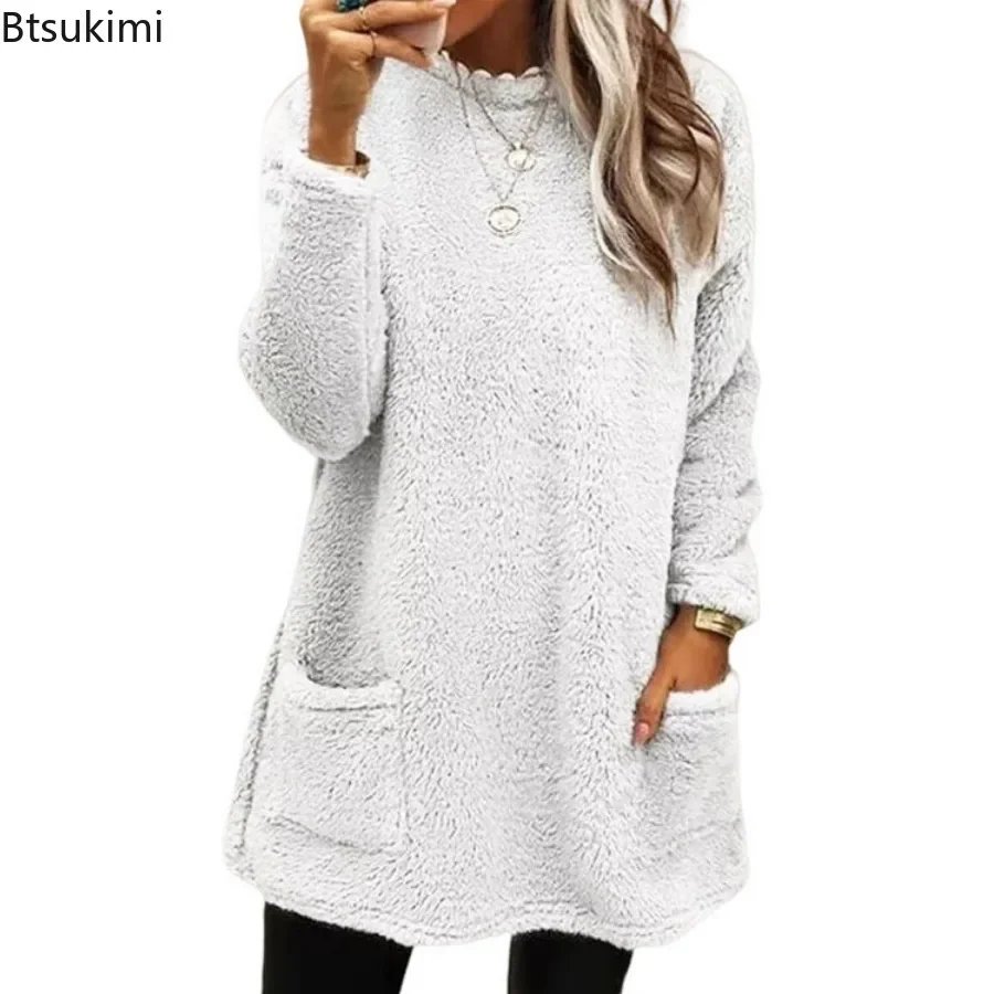 New 2026 Women\'s Half-high Collar Sweatshirts Autumn Winter Plush Warm Casual Pocket Tops Female Fleece Hoodies Thermal Sweaters