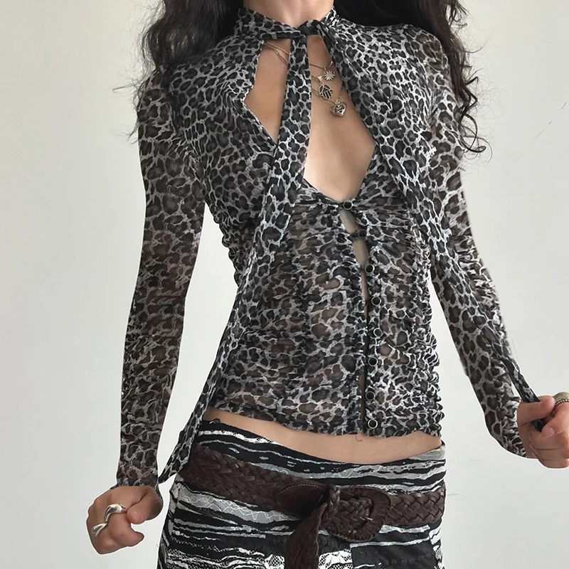 European and American Age Sense Leopard Print Strap T-shirt Hollow Breasted Micro-transparent Mesh Top