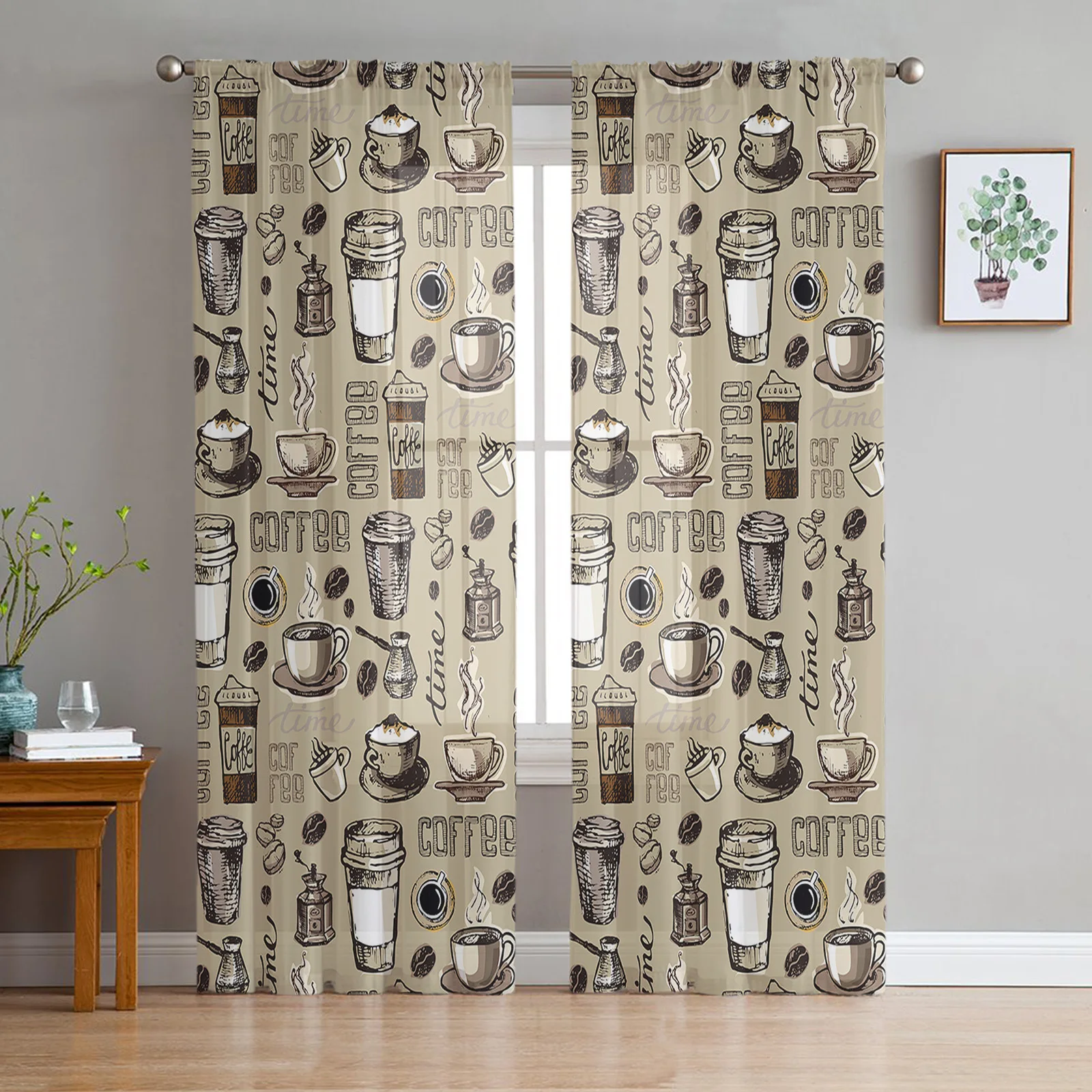 Coffee Coffee Beans Coffee Cup Sheer Curtains for Living Room Bedroom Kids Room Tulle Window Treatment Drapes