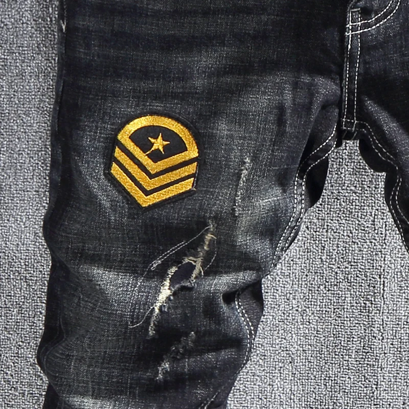 Street Fashion Men Jeans Retro Black Blue Stretch Slim Fit Ripped Jeans Men Patches Designer Hip Hop Vintage Denim Pants Hombre