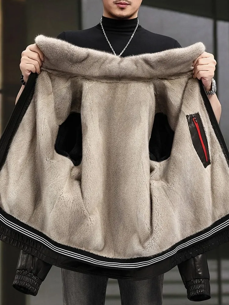 Winter Mens Fashion Overcoat Black Loose Warm Mink Fur Lining Turn Down Fur Collar Sheepskin Genuine Leather Jacket Outwear Coat - Image 6