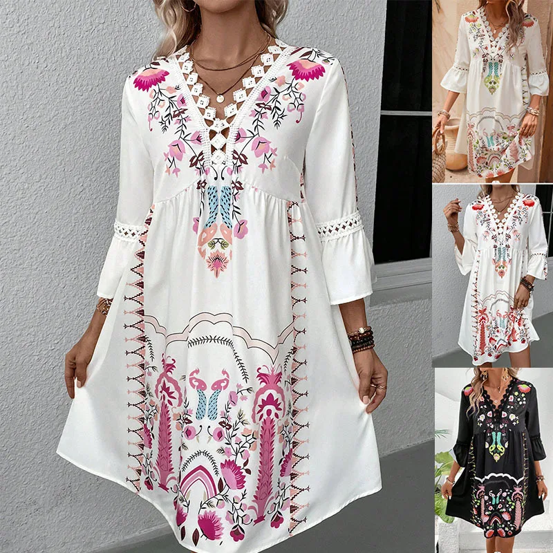 

Summer New V-neck Lace Splicing Casual Versatile Printed Dress 2025 European and American Cross-border Women's Clothing