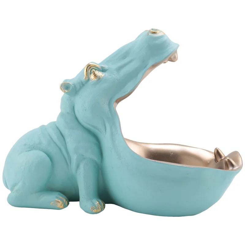 

A29M-Hippo Figurine Candy Dish Unique Resin Hippopotamus Statue For Office Desk Decor Light Blue