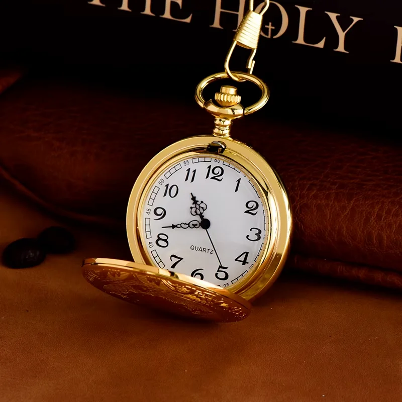 Gold thick chain embossed shield pattern pocket watch retro retro pocket watch clamshell alloy quartz watch