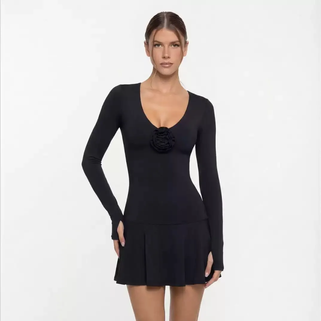 FUBEIKE Flower V Collar Dress With Chest Pad Long Sleeve Tennis Dress With Safety Pants Slim Yoga Tennis Skirt Women Sportswear