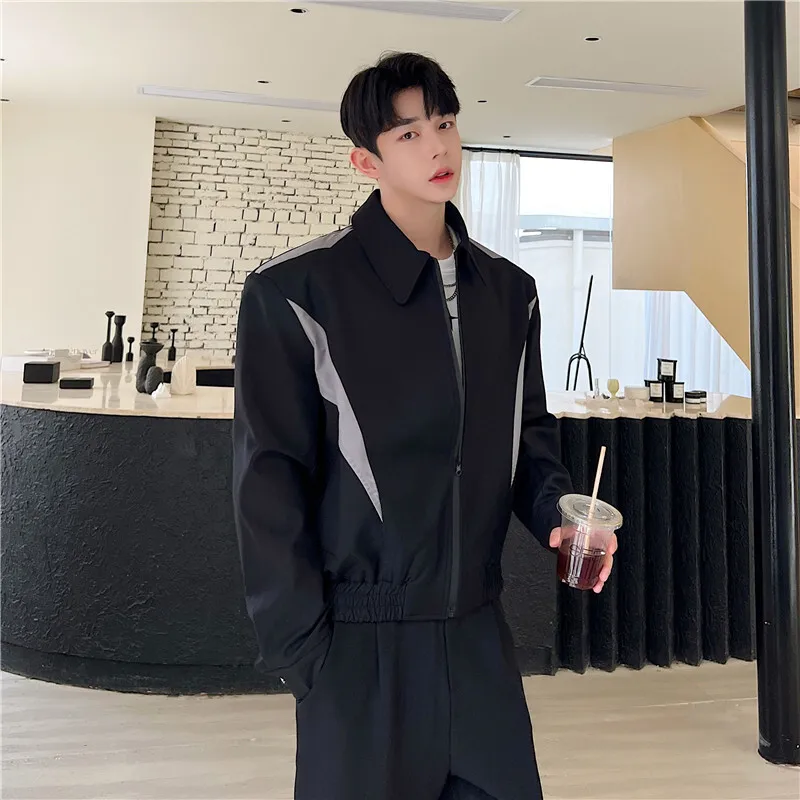 Men Casual Jacket Patchwork Zipper Streetwear Lapel Long Sleeve Rubber Band Hem Coats Korean Stylish Personalized Loose Jackets