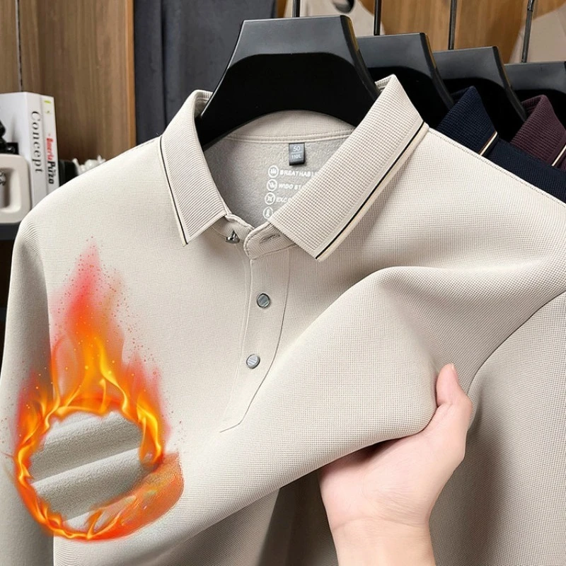 Men's Fleece-Lined Waffle Knit Polo, Vertical Stripe Collar Seamless Design, Anti-Wrinkle Technology