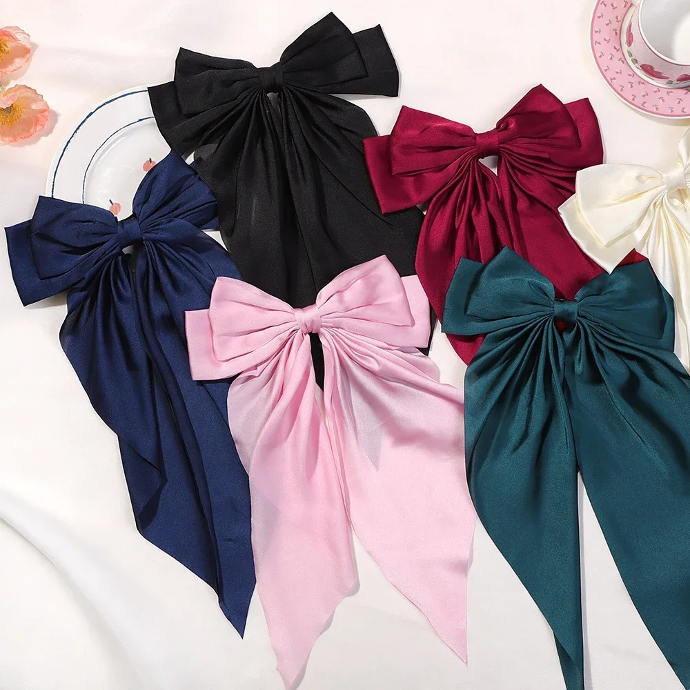 3Pcs Elegant Ribbon Bow Hair Clip Fashion  Simple Solid Color Satin Ponytail Bowknot Hairpins Barrettes Women Hair Accessories