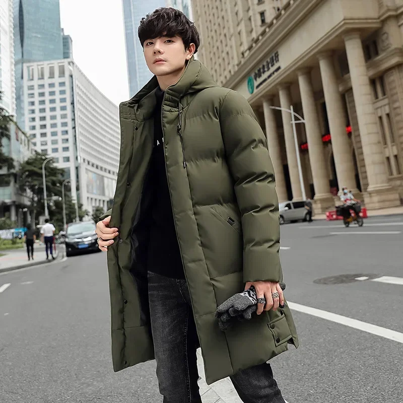 Men Parkas Thickened Hooded Winter Down Coat Solid Color Padded Cardigan Midi Length Zip Up Men Coat For Daily Wear