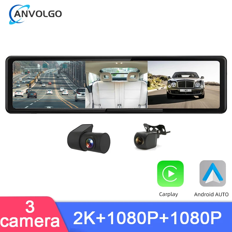 3 Cameras Dash Cam 2K +1080P Rearview Mirror Video recorder Car DVR Wireless Carplay Android Auto Wifi GPS Navigation