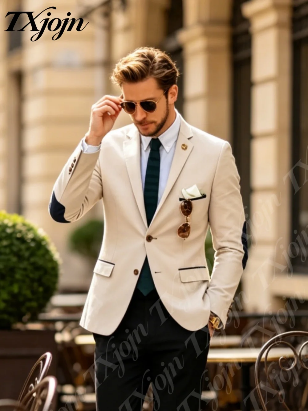 

Classic Beige 2PCS Blazer Suit For Men Slim Fit Formal Casual Suit Elbow Patches For Work Wedding Prom Casual Events Customized