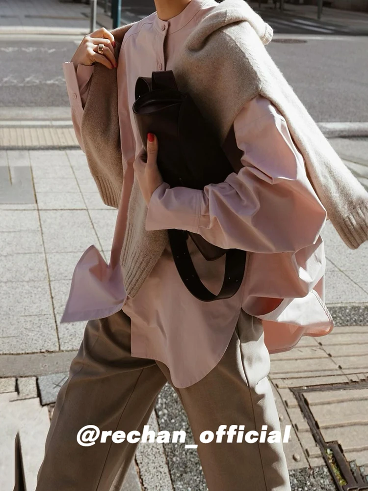 

Женская рубашка-сорочка из свободного хлопка с воротником-стойкой, средней длины, однотонная, розовая, для повседневной носки, в французском стиле